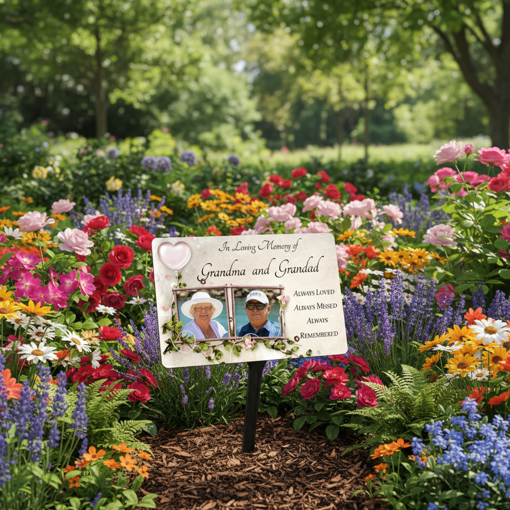 Personalised Memorial Plaque & Stake for two Photos