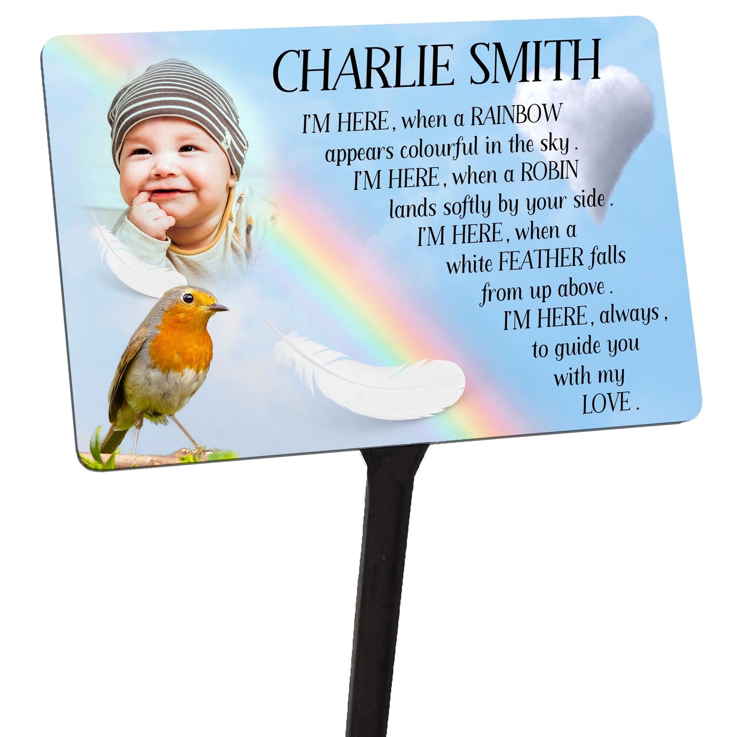 Personalised Memorial Plaque & Stake Your Photo. Robin Feather Rainbow Heart.