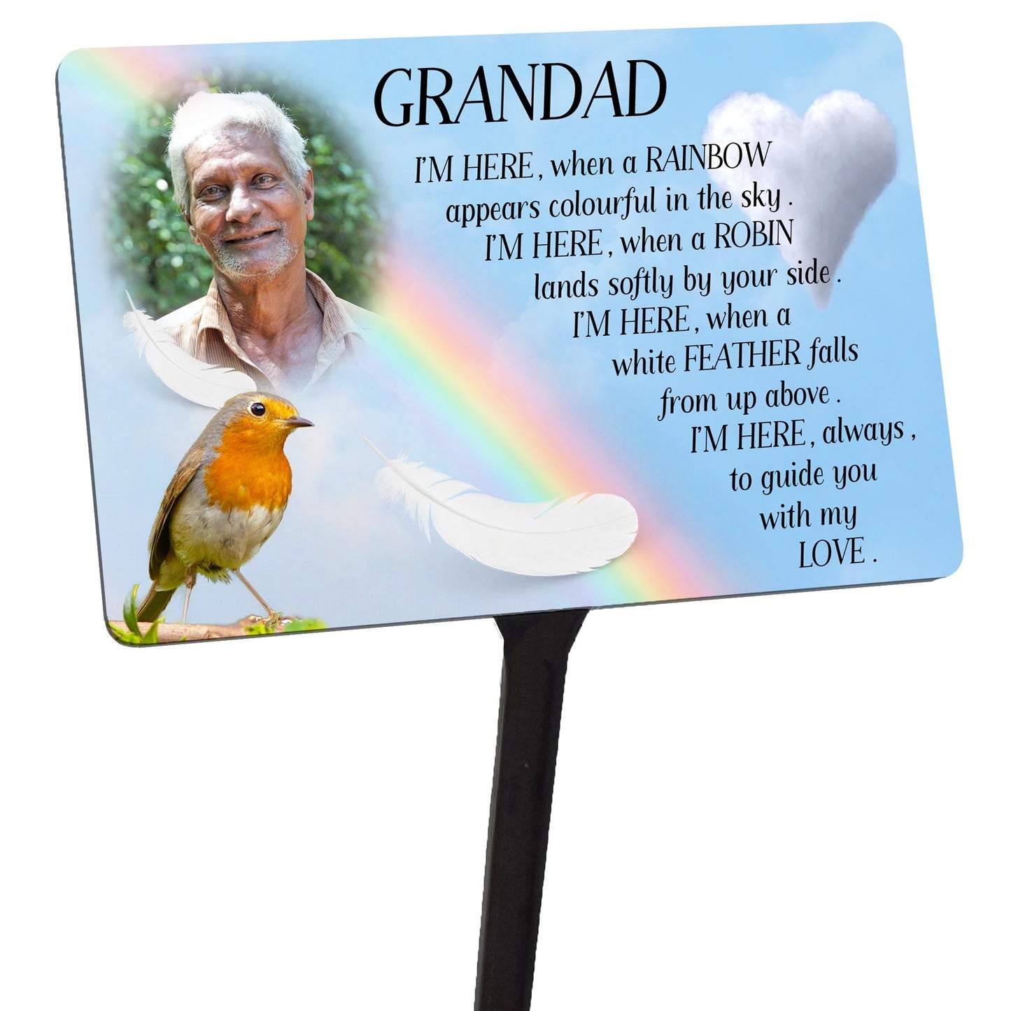 Personalised Memorial Plaque & Stake Your Photo. Robin Feather Rainbow Heart.