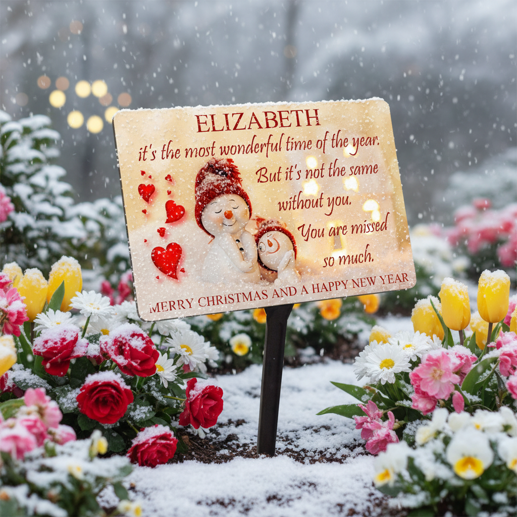Personalised Christmas Memorial Plaque & Stake with Name. Snowmen