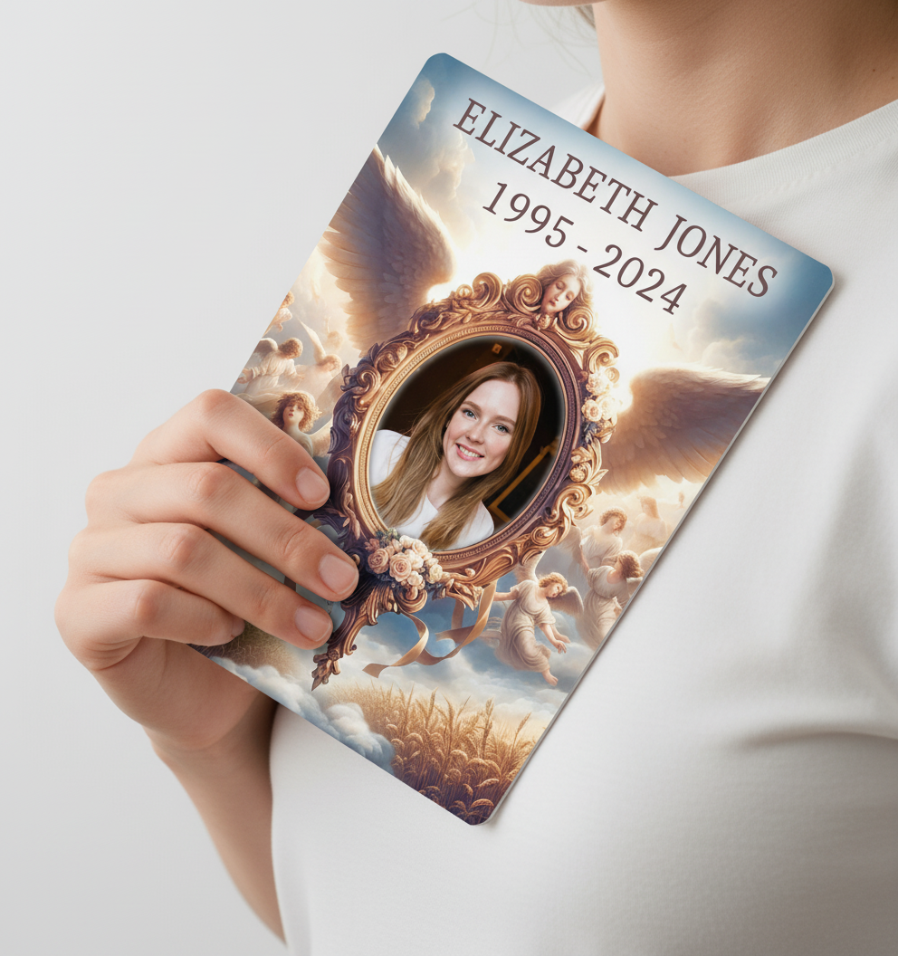 Memorial card with angelic design and text 'ELIZABETH JONES 1995-2024' held by a hand.