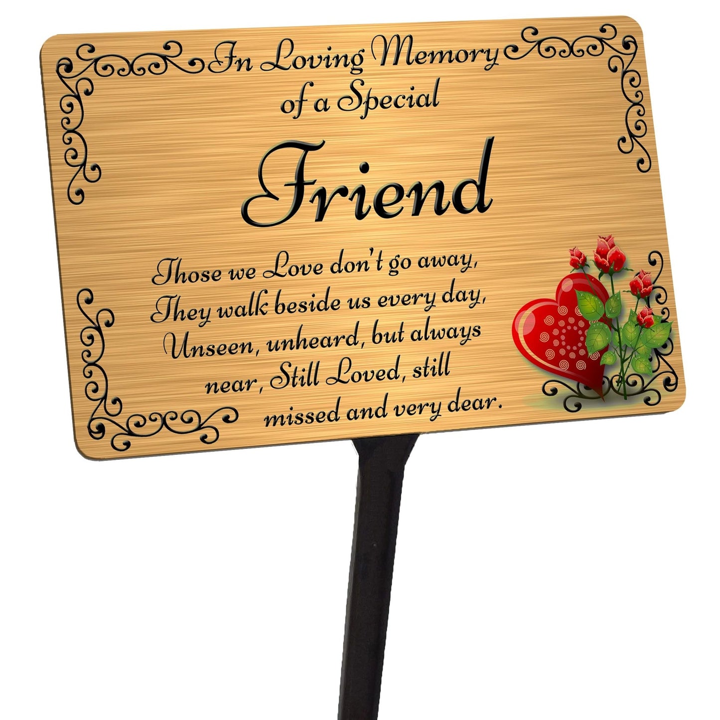 Friend Memorial Plaque & Stake. Brushed Silver or Gold