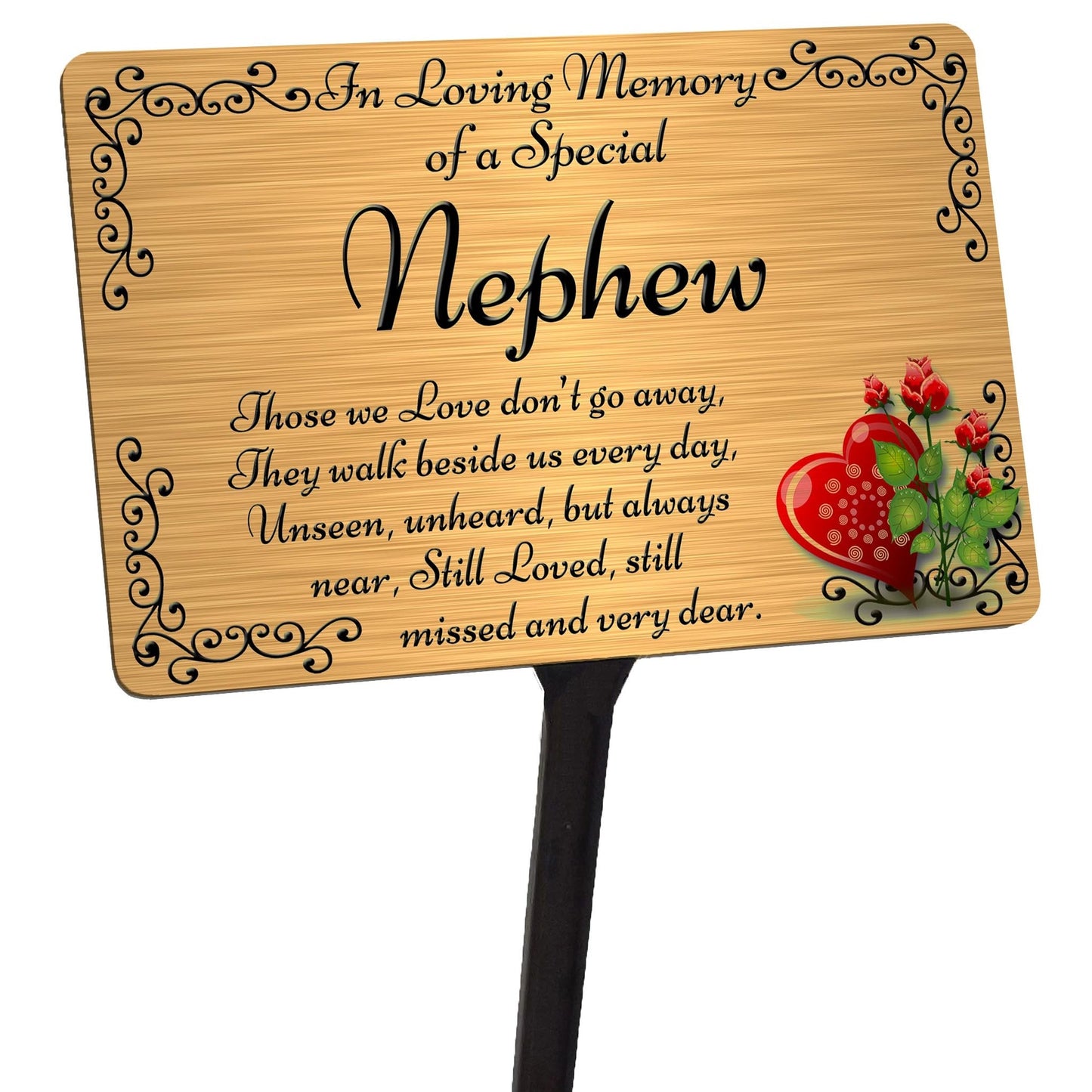 Nephew Memorial Plaque & Stake. Brushed Silver or Gold