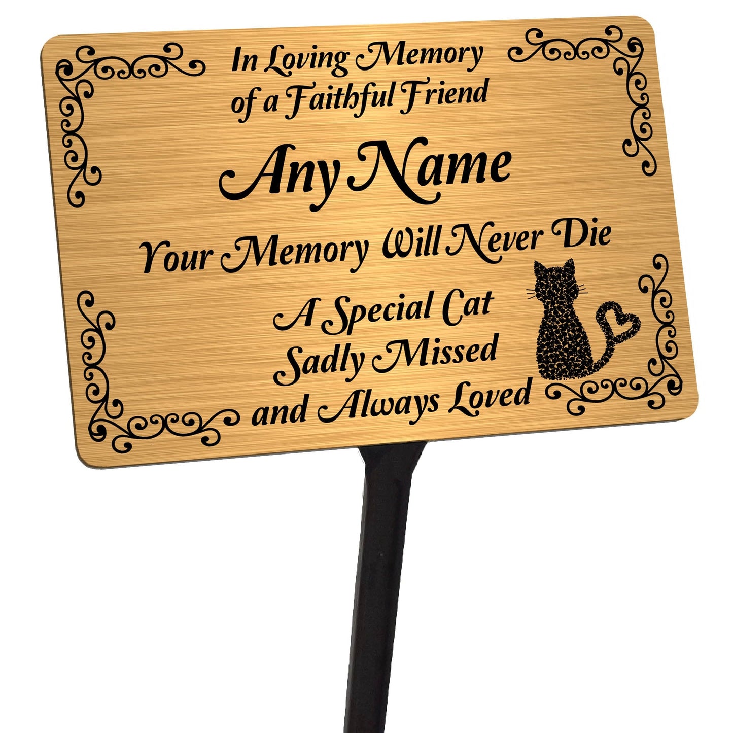 Personalised Cat Memorial Plaque & Stake. Brushed Silver or Gold