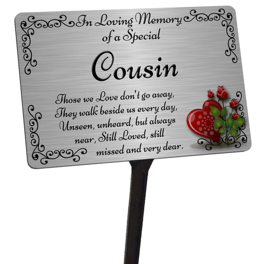 Cousin Memorial Plaque & Stake. Brushed Silver or Gold