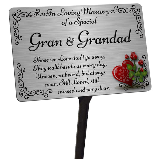 Gran & Grandad Memorial Plaque & Stake. Brushed Silver or Gold