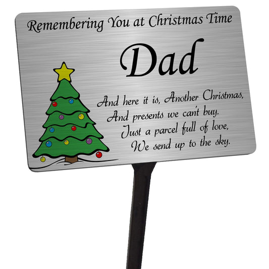 Christmas Tree Memorial Plaque & Stake for Dad. Brushed Silver