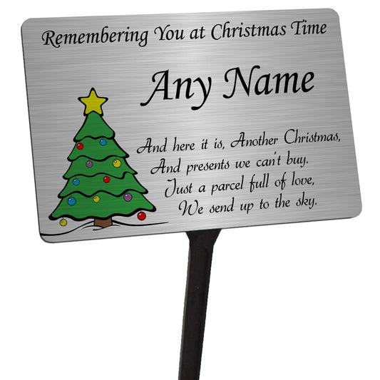 Personalised Christmas Tree Memorial Plaque & Stake Brushed Silver