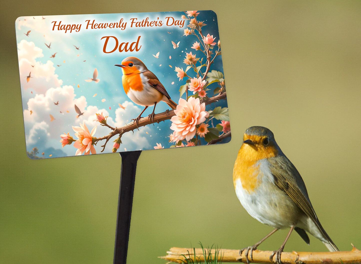 Fathers Day Memorial Plaque & Stake. With Robin Waterproof garden grave