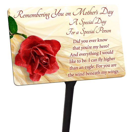 Mothers Day Memorial Plaque & Stake. Red Rose Waterproof garden grave