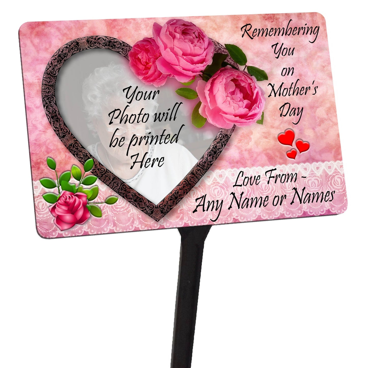 Mothers Day Memorial Plaque & Stake. with your photo in a heart. Waterproof