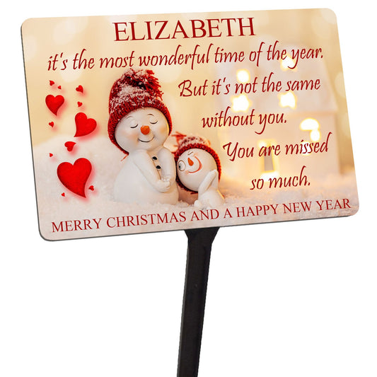 Personalised Christmas Memorial Plaque & Stake with Name. Snowmen