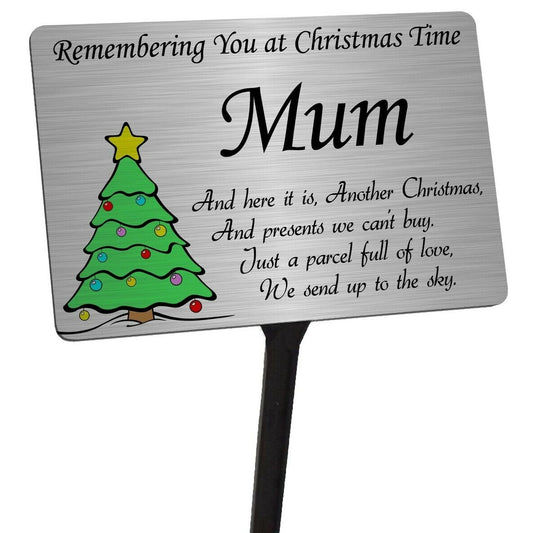 Christmas Tree Memorial Plaque & Stake for Mum. Brushed Silver