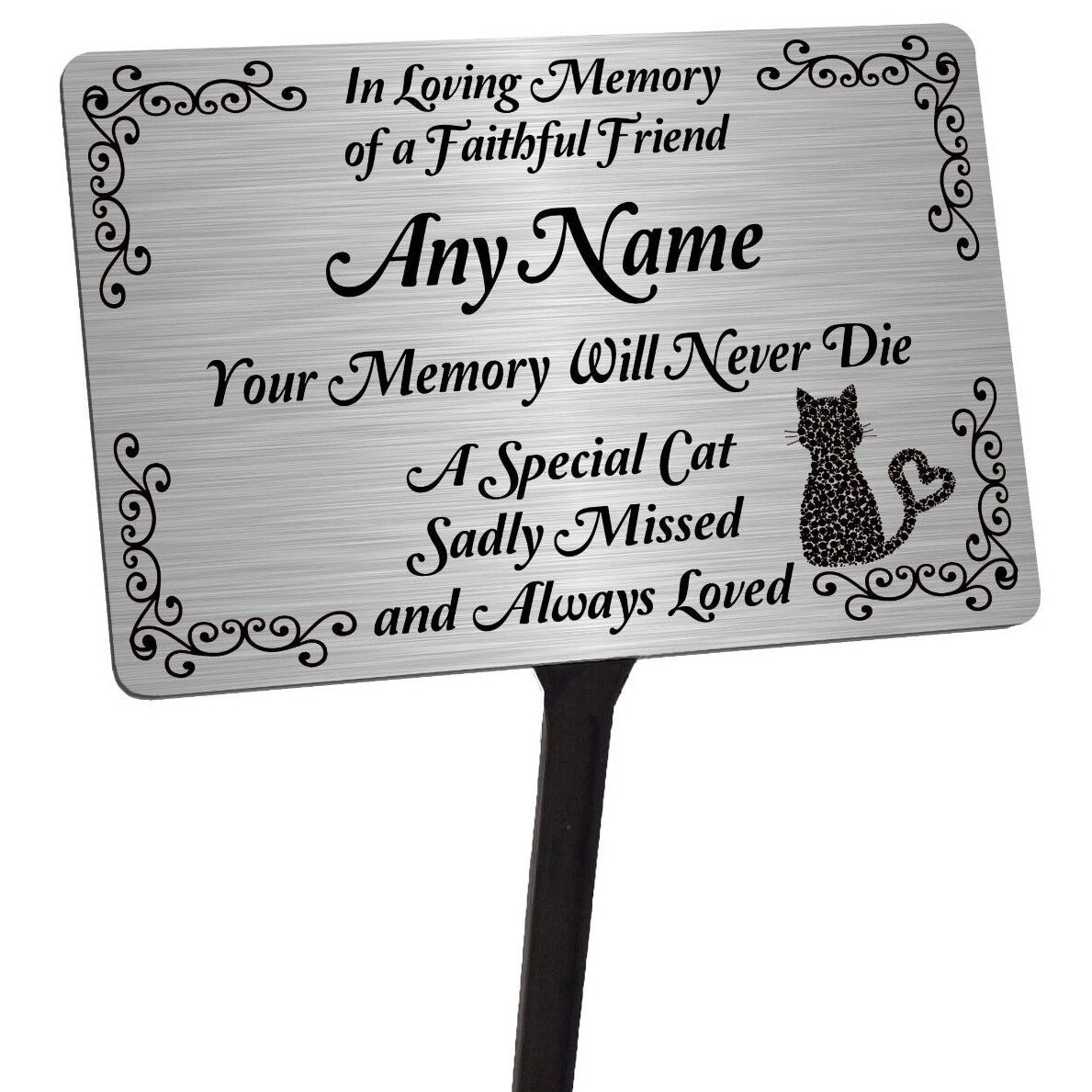 Personalised Cat Memorial Plaque & Stake. Brushed Silver or Gold